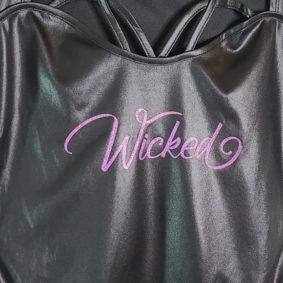 Wet look black bodysuit that says " WICKED" in purple  M/L - Picture 3 of 3